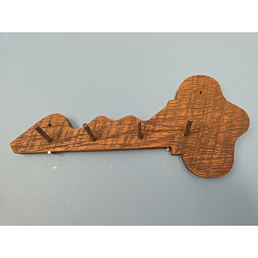 Vintage Wooden Wood Key Shaped Holder Hanger Cabin Farmhouse Kitchen 4 Hooks